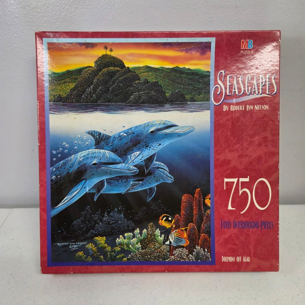 MB Seascapes Dolphins Off Alau 750 Piece Puzzle Robert Lyn Nelson 1987 Red
